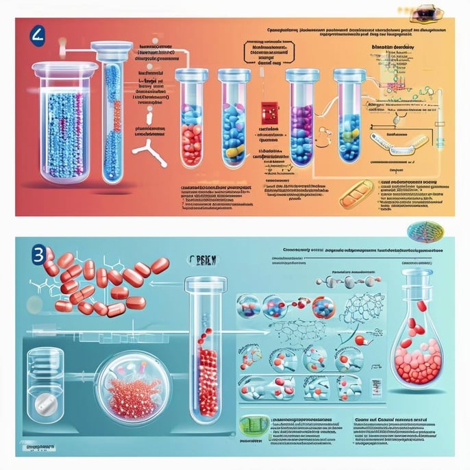 Digital art illustrating 23 steps of the pharmaceutical drug development process