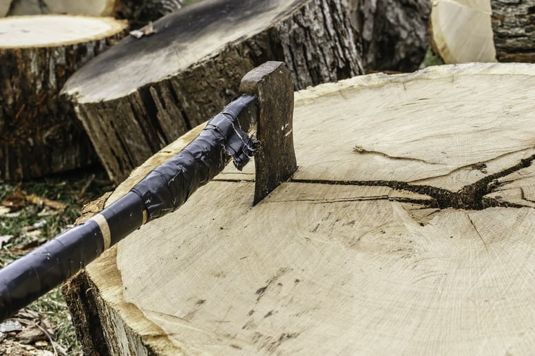 Splitting axe, wrapped in black tape, with its blade stuck in cylindrical log section cut by power saw, for themes of manual labor and automation (selective focus)