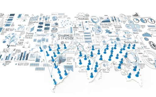 social network 3d on world map and hand drawn business strategy as concept