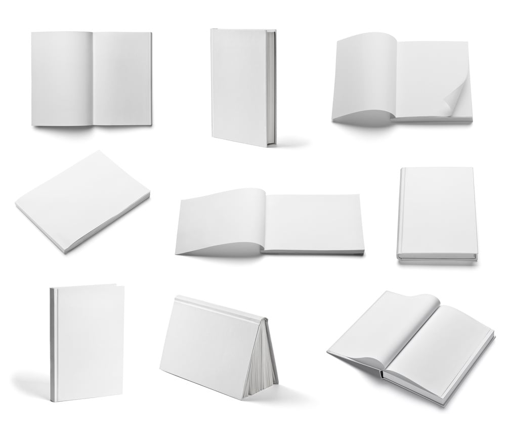 collection of various  blank white  books on white background. each one is shot separately