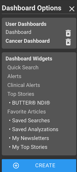 Dashboard options tab with new Cancer dashboard